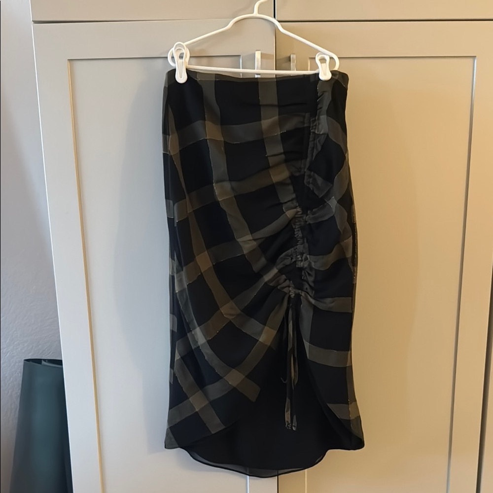 Ramy Brook Womens Black & Olive Plaid Ruched Midi Skirt
